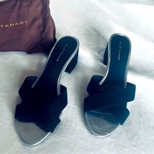 Ellie Tahari Dressy Criss Cross Black Suede with Silver Piping Mules